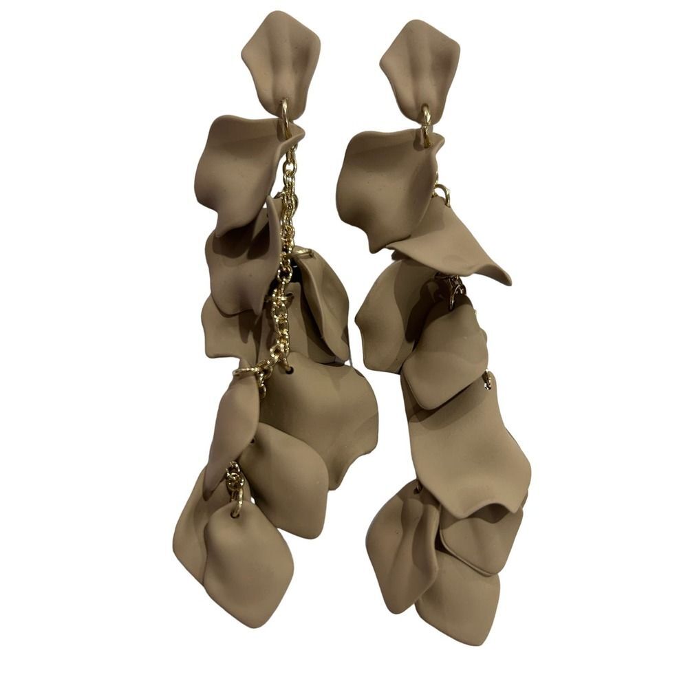 3/$39-Taupe 5" Dangle Flower Petal Drop Statement Earrings 925 Sterling Post
